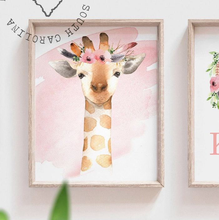 Girls woodland nursery decor, personalized name, watercolor baby girl woodland, baby girl gift, giraffe nursery, baby girl fawn deer nursery