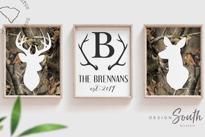Home decor wall art buck and doe, cabin sign, rustic name sign, deer family name sign, camouflage home decor, hunting cabin decor signs camo