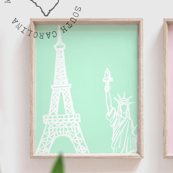 Pastel travel themed baby girl art, paris london new york landmarks wall art, leaning tower of pisa, paris eiffel tower art, travel nursery