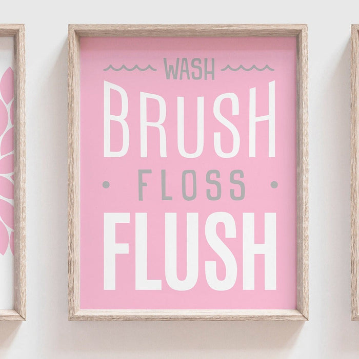 Girl pink and gray bathroom decor, girls wash brush bathroom sign, gray pink girls bathroom, girls flower bathroom, modern bright kids decor