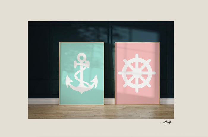 Girls nautical nursery, girls nautical playroom, pink and mint nursery, pink nursery, wall decor for girls, pink mint sailboat anchor whale