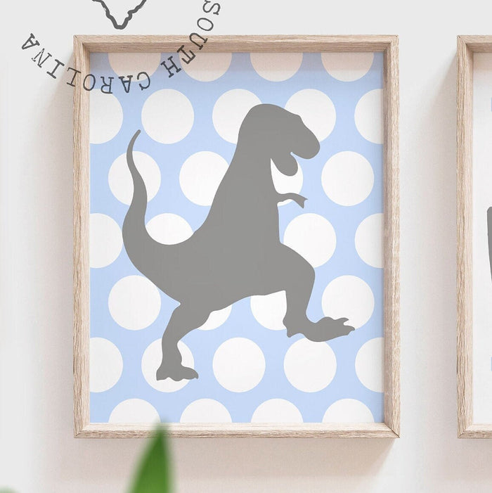 Dinosaur decor, dinosaur nursery wall art boy, baby blue and gray dinosaurs, baby boy wall art customized name, monogram dinosaur theme art