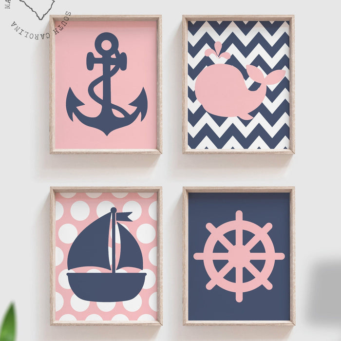 Pink & Navy Nautical Nursery Decor — Girls' Whale & Sailboat Prints