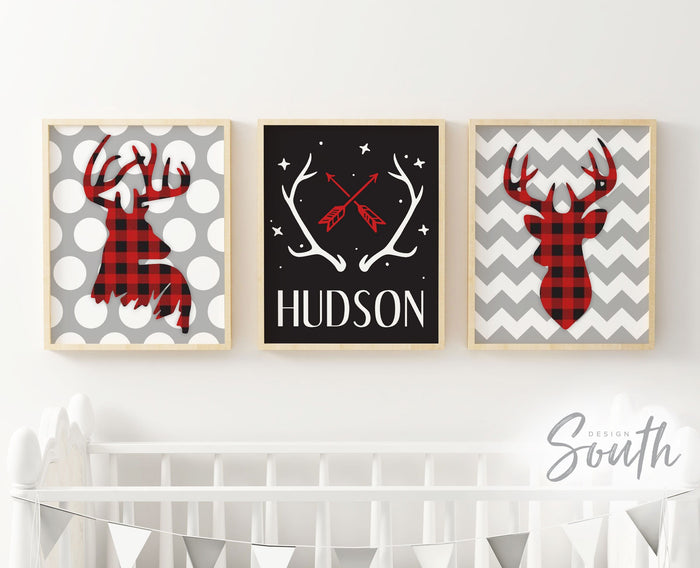 Deer decor lumberjack nursery, buffalo plaid baby, lumberjack nursery wall decor, buffalo check nursery, baby deer hunting nursery red black