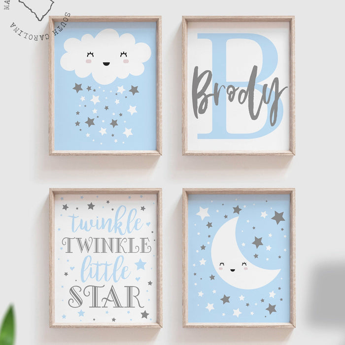 Baby Blue Twinkle Little Star Nursery Art — Name Set of 4