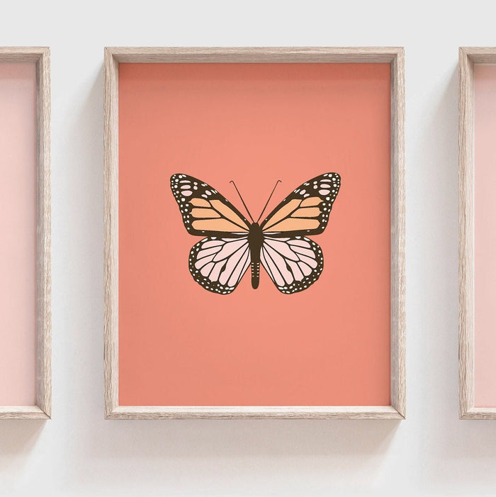 Coral baby girl nursery decor, blush coral pink butterfly art, happy girls are the prettiest quote wall decor, love print pink heart nursery