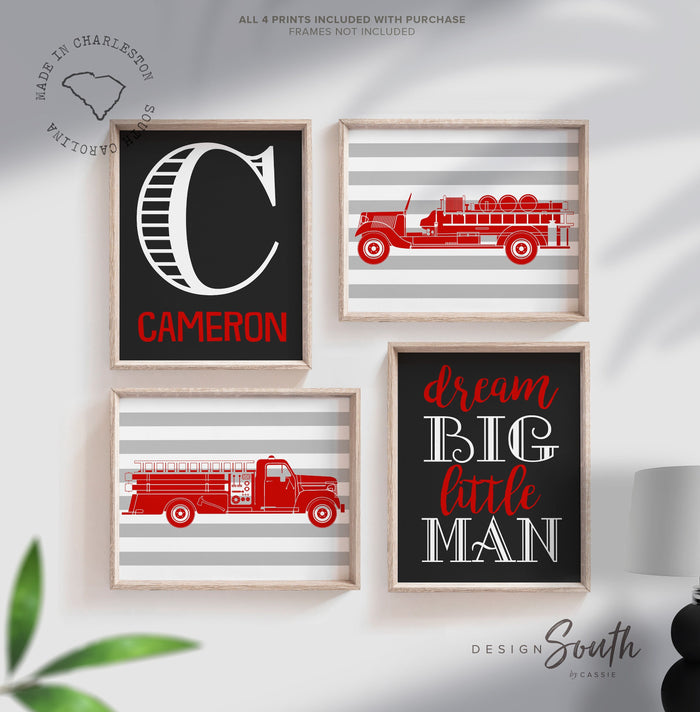 Fire truck nursery, firefighter little boy, name print boys personalized nursery wall art, boys nursery decor red gray firefighter wall art