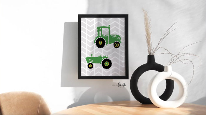 Green tractor baby gift nursery personalized name art prints, john deere tractor boys room wall, nursery tractors theme, boy bedroom tractor