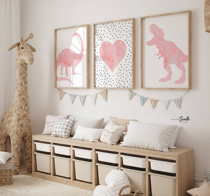 Girl dinosaurs hearts rainbows, girl pink dinosaur themed nursery, girl dinosaur bedroom wall art, pink dinosaurs, 6 girly dinosaur prints