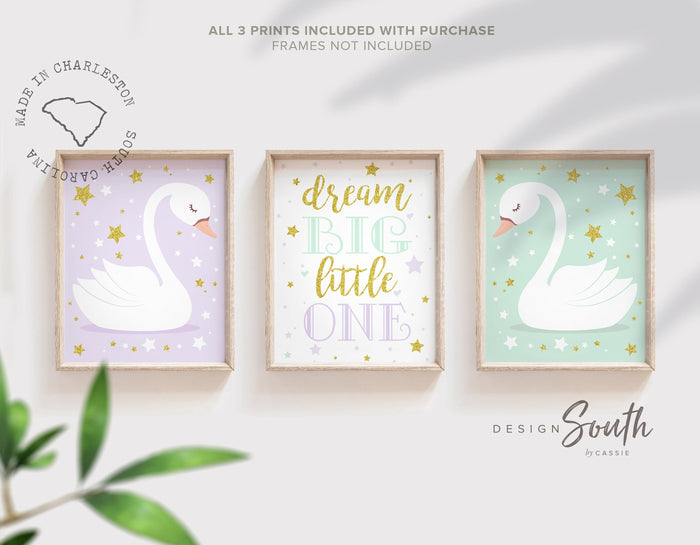 Lilac and mint, lavender and mint, girl swan nursery decor, purple swans, purple and gold nursery, purple gold mint, dream big, gold stars