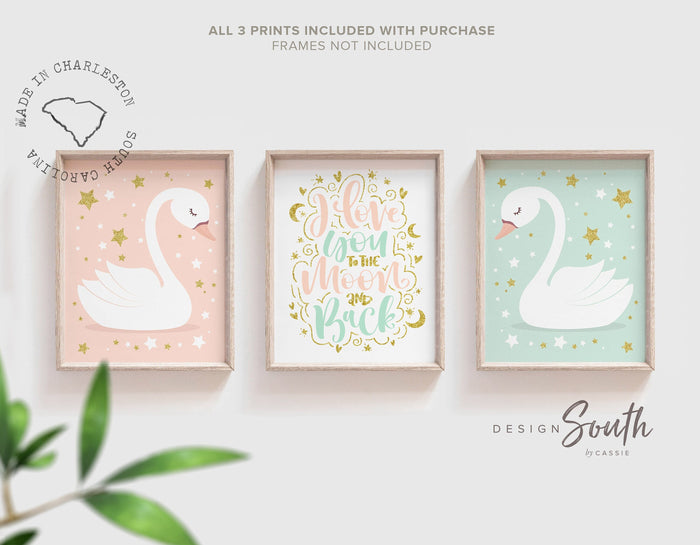 Swan baby art, swan baby decor, I love you to the moon, swan nursery art, swan nursery decor, mint and pink nursery girl, blush baby decor