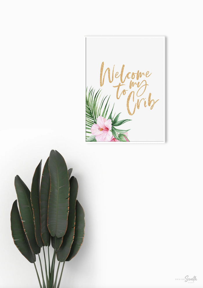 Pink gold flower sparkle baby room above crib art, welcome to my crib flamingo, tropical baby shower gift for girl, pink gold nursery art