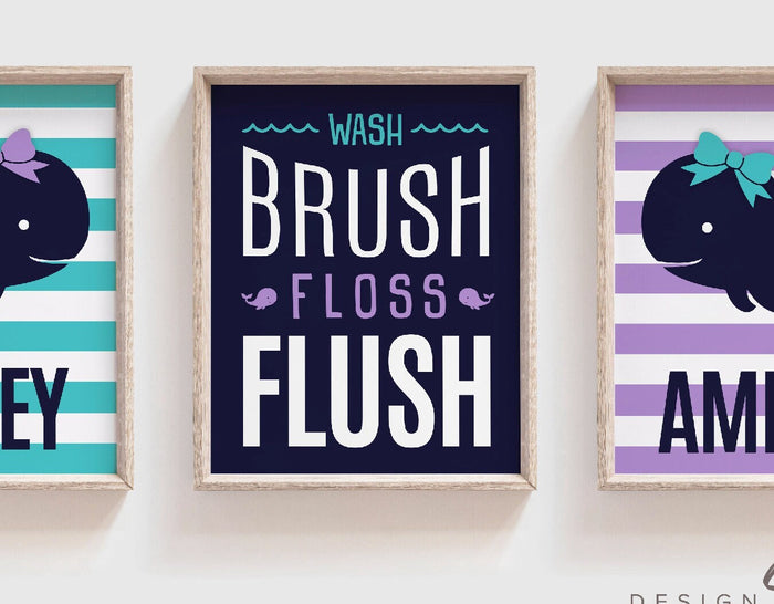 Sisters whale bathroom, twin girls bathroom, girls whale bathroom, girls bathroom prints, teal and purple, wash brush flush, sisters art