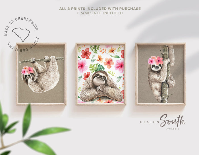 Sloth themed little girl room decor, wall art sloth set girl's nursery bedroom, tropical sloth pictures girl nursery theme, cute sloth set