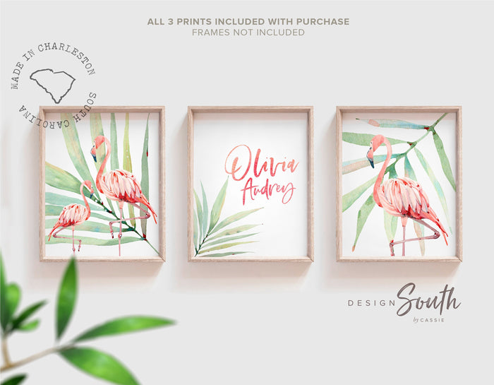 Flamingo print art set, above crib tropical wall, flamingo nursery decor, baby room decor, newborn flamingo nursery pink and green