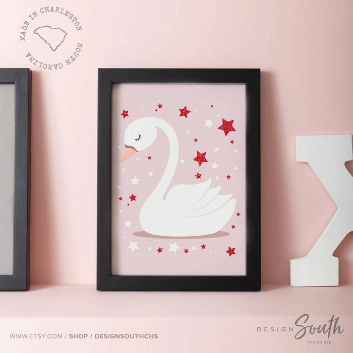 Pink and red retro baby wall decor, pink red baby girl nursery art, pink red wall art girl nursery, wall decor for girls nursery, pink swans