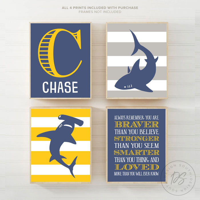 Shark wall art, shark decor, shark art room decor, shark nursery art set of 4 shark prints, striped sharks, baby boy shark decor monogrammed