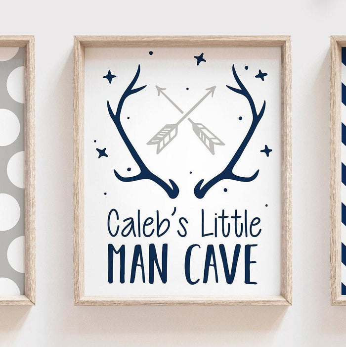 Deer boys room decor, buck deer prints, navy blue gray, boys name art, little man cave, kids hunting, baby boy deer wall art, deer theme art