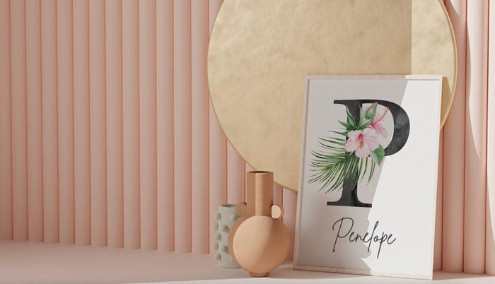 Palm panda bear baby girl wall art, tropical palm baby monogram, girls nursery print, baby name wall art, pink and purple name nursery decor