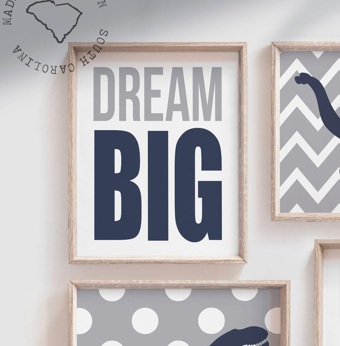 Dream big little one dinosaurs, dinosaur nursery baby boy, navy blue and gray dinosaurs, wall art for baby boy, dinosaur nursery art boys