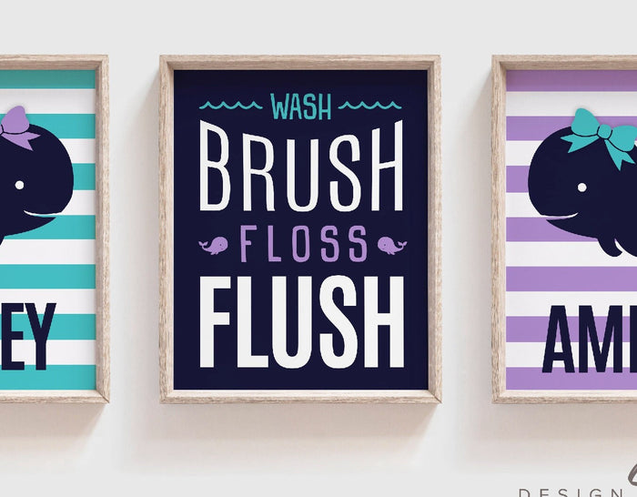 Sisters whale bathroom, twin girls bathroom, girls whale bathroom, girls bathroom prints, teal and purple, wash brush flush, sisters art