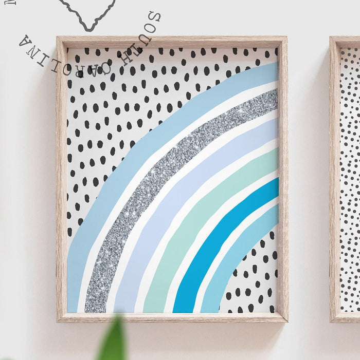 Blue boy nursery, boy monogram, blue rainbow baby room, rainbow silver sparkle nursery wall art, boy nursery decor, baby boy nursery prints