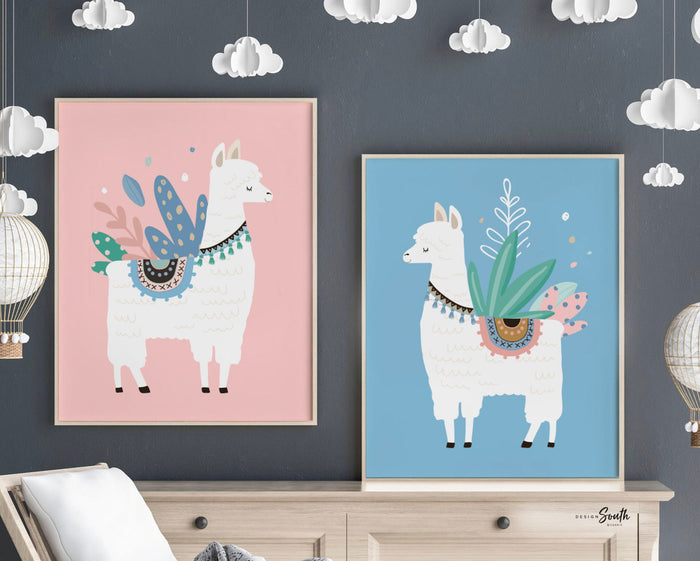 Llama bathroom, alpaca llama cactus childish cute set, llama themed bathroom wall art prints decorations, set of 3 llamas for kid's bathroom