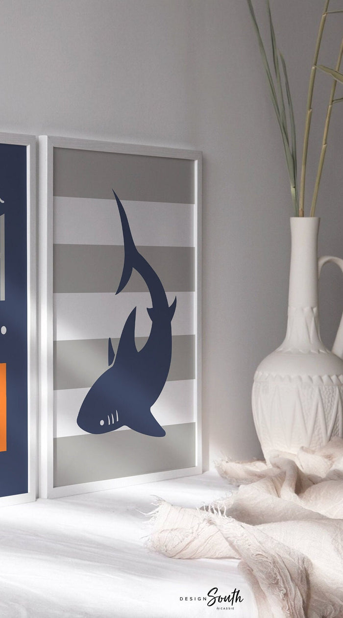 Shark nursery art, baby boy nursery art, shark decor, nautical nursery shark, shark wall decor, shark art, shark bedroom decor, boys bedroom
