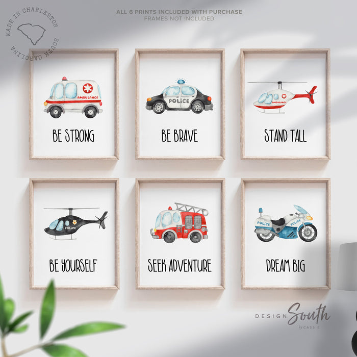 Rescue vehicle wall art, emergency vehicles nursery art, toddler room decor, big boy bedroom, transportation nursery, vehicles wall art set