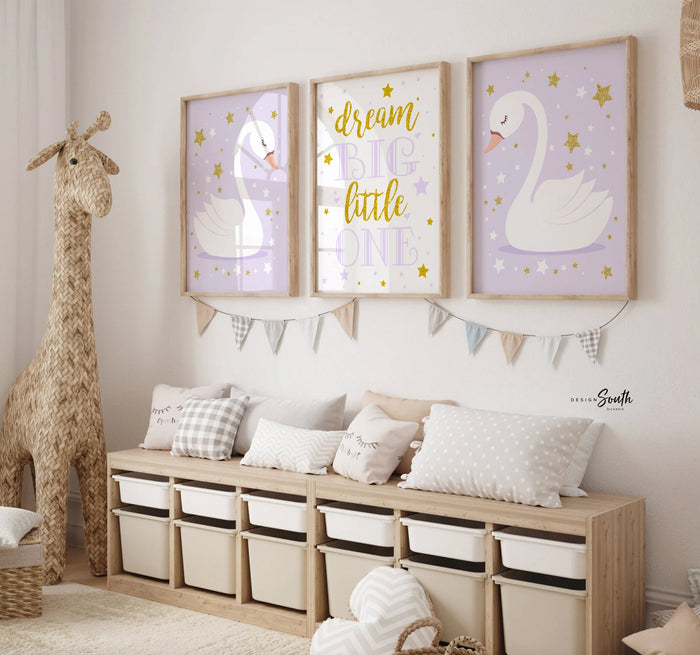 Lilac and gold nursery wall art, lilac nursery, swan nursery decor, swan art, swan bedroom art, swan nursery art, lilac girls bedroom decor