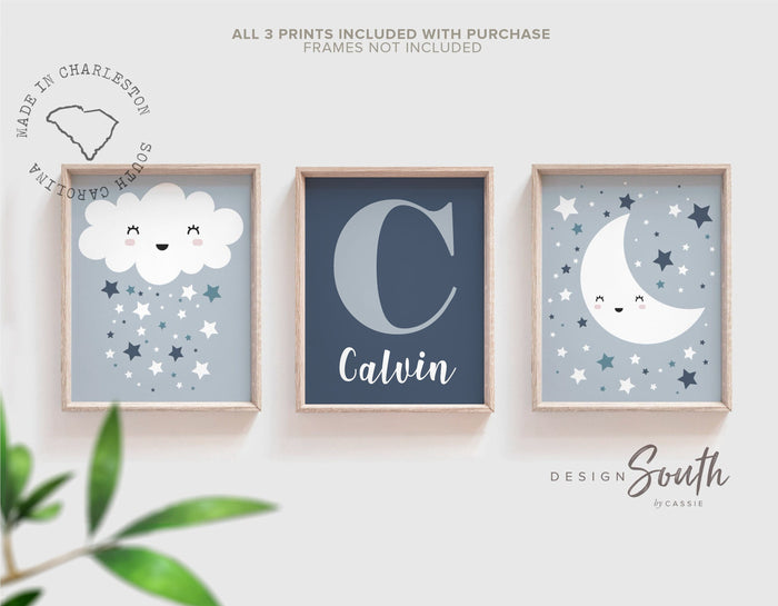 Baby boy nursery wall art, personalized boys name, baby blue and gray, moon & stars, nursery art for boy, idea for nursery, neutral boys art