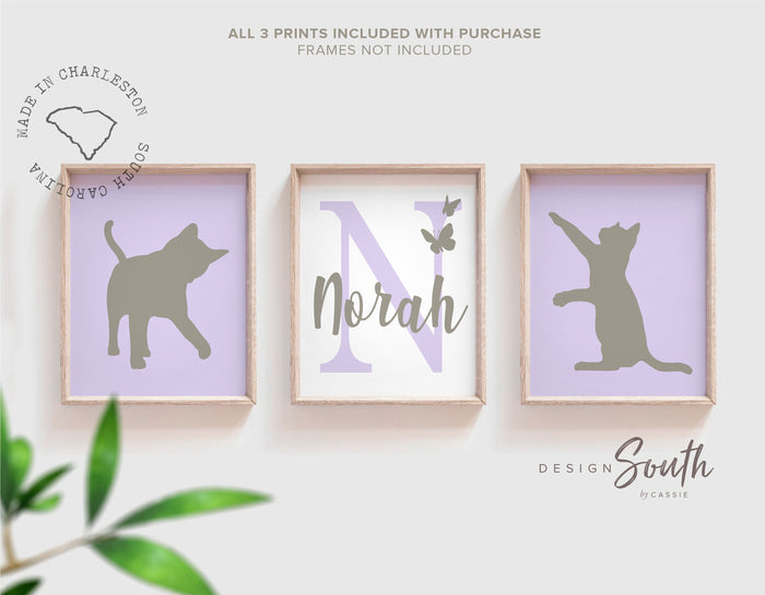 Kitten art print for nursery, little girl's room kitten decor accessories, lilac purple and gray, cat girl room, kitten posters personalized