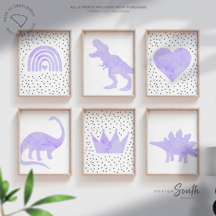 Girl dinosaur hearts rainbows, girl purple dinosaur themed nursery, girl dinosaur bedroom wall art, purple dinosaur, 6 girly dinosaur prints