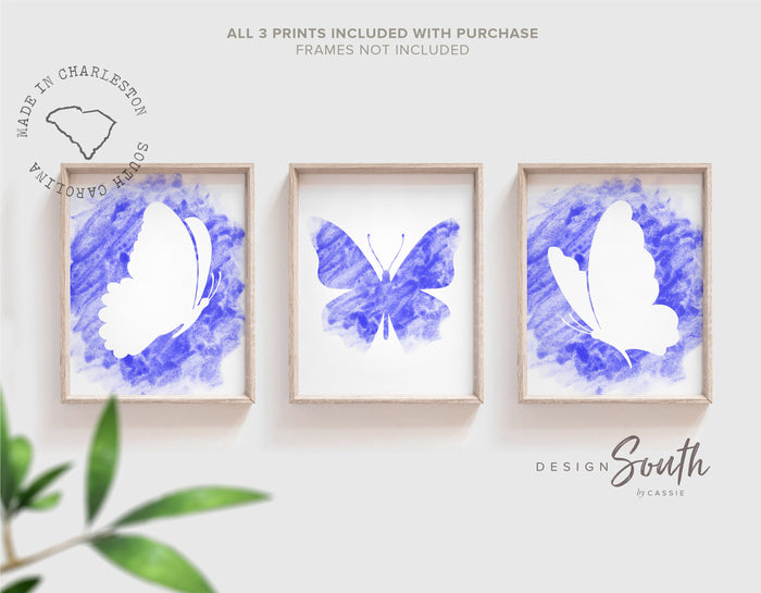 Butterfly watercolor prints, butterfly baby shower gift, three butterfly art prints, pink teen girl's room art, little girl bedroom wall art