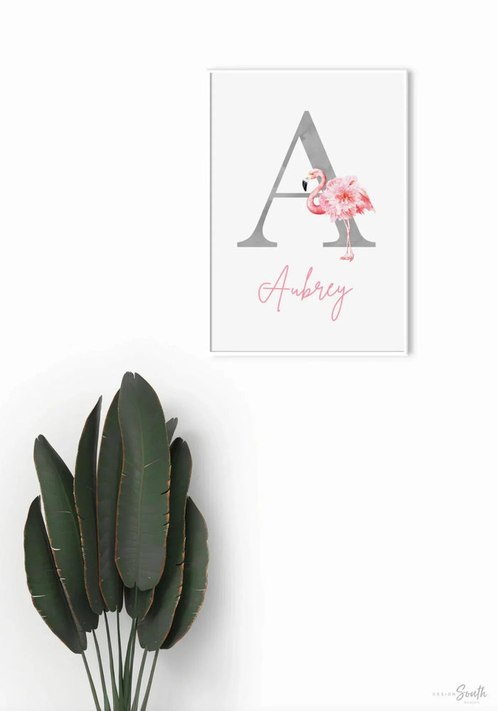 Pink and gray nursery art, pink and gray nursery decor baby name personalized, flamingo girls name, custom girl sign tropical nursery themed