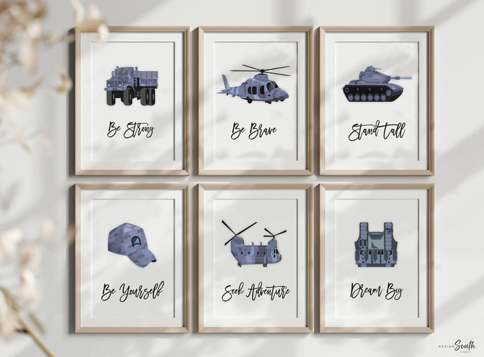 Army vehicles boys wall art set, soldier military tank truck helicopter, boys bedroom wall art print decor army marine troop, playroom army