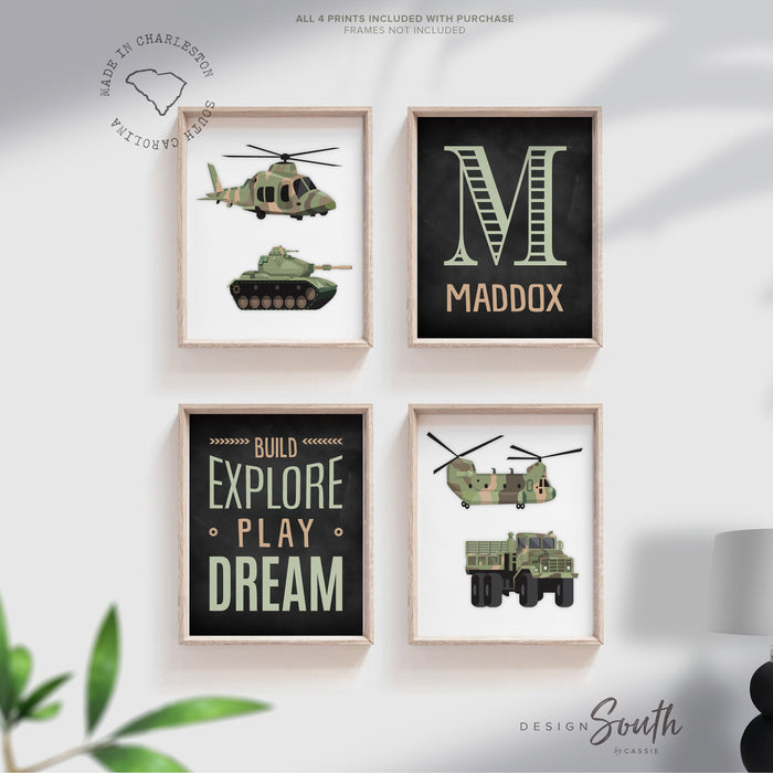 Army vehicles boys wall art set, soldier military tank truck helicopter, boys bedroom wall art print decor army marine troop, playroom army