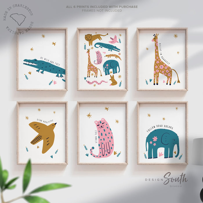Cute animal art pink teal blue, whimsical animal wall art, safari playful animal theme art prints, decor little girl bedroom wall pink teal