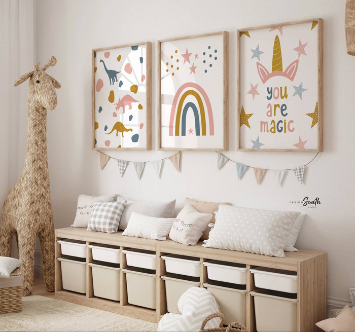 Girl dinosaur and unicorn art, dinosaur unicorn prints for girls, trendy pattern girl dinosaurs, art prints dinosaur unicorn theme modern