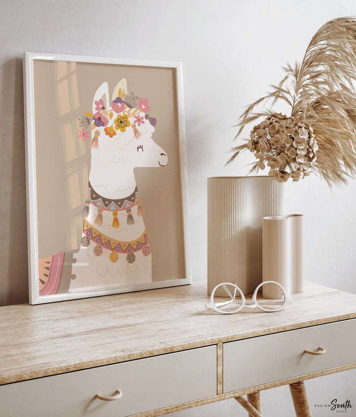 Baby girl nursery muted pink, floral llama pale pinks, baby alpaca decor mauve, crown animal llama pictures print set, bedroom girl's name
