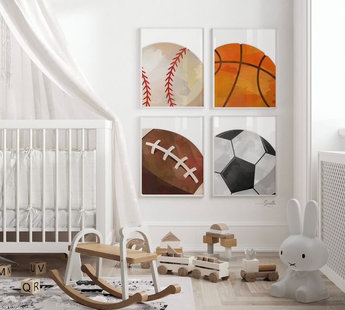Boys room sports decor, basketball baseball football soccer wall art posters, athletic kid room, sports theme gift for boy, nursery sports
