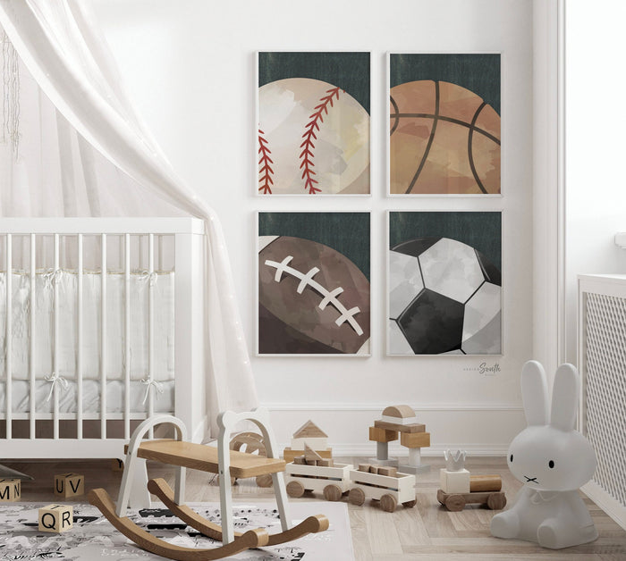 Rustic industrial kids room sports decor, modern sports nursery art set, industrial kids playroom decor, gift for boy sports theme, kid room