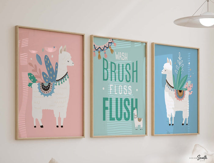 Llama bathroom, alpaca llama cactus childish cute set, llama themed bathroom wall art prints decorations, set of 3 llamas for kid's bathroom