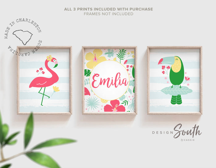 Jungle tropical nursery decor, wall art for jungle room personalized, tropical flowers and birds nursery wall art, tropical baby shower gift