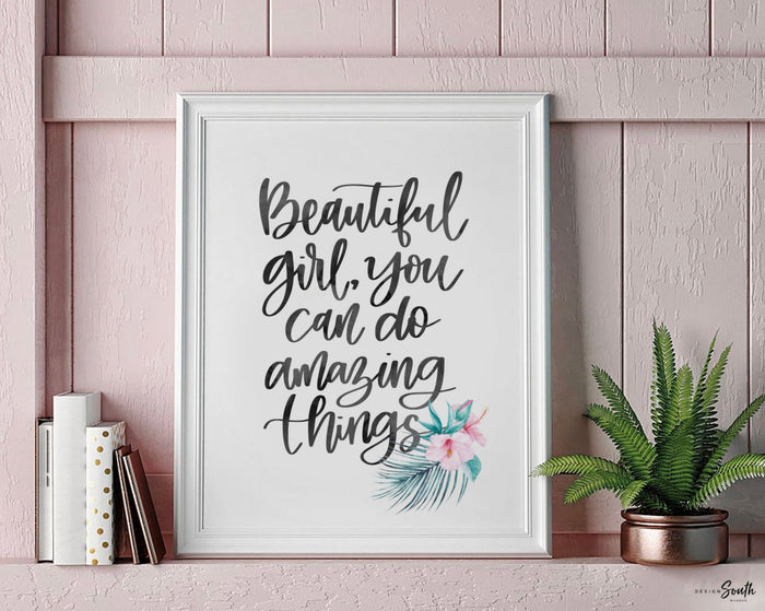 Pink tropical nursery art, baby girl bedroom wall art prints tropical theme decor, baby girl nursery decor safari animals, girl's quote art