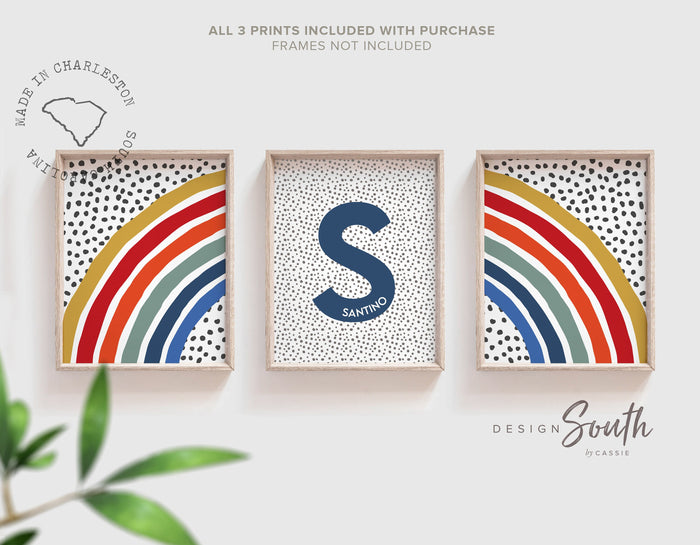 Boy rainbow room wall art red blue orange, boy nursery rainbow themed, wall art print set with monogram name baby boy, red orange boys art