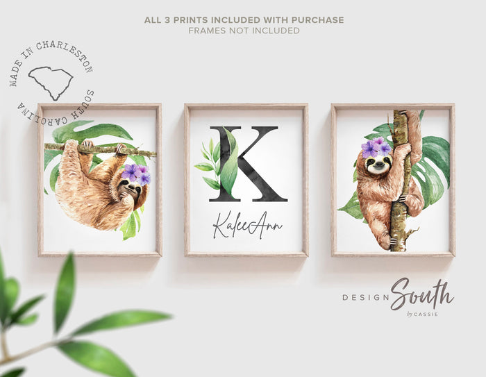 Purple sloth wall art set, hanging sloth nature, sloth girl room personalized name gift, animal lover nursery gift, wall art sloth decor set