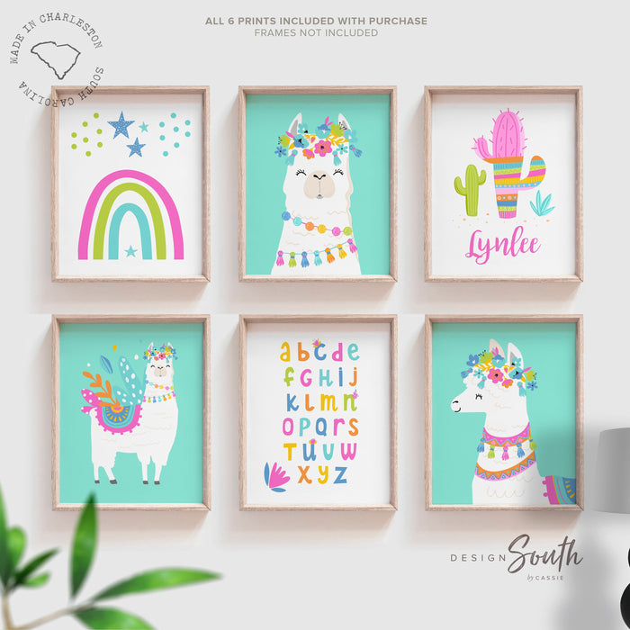 Bright colorful llama art, personalized name sign with llamas flowers, cactus rainbows stars llamas art prints, set of 6 art prints llamas