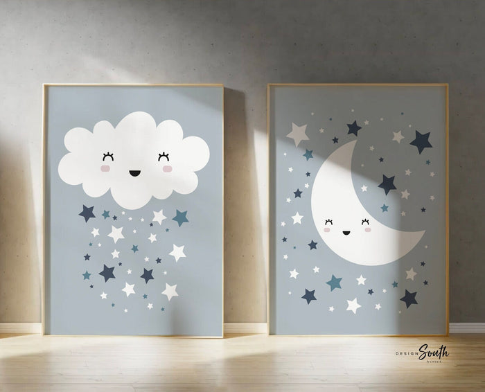 Baby boy nursery wall art, personalized boys name, baby blue and gray, moon & stars, nursery art for boy, idea for nursery, neutral boys art