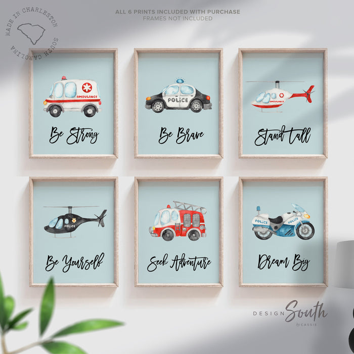 Emergency vehicle print, boy room decor helicopter, fire truck nursery decor, ambulance poster, police car wall art, transportation wall art
